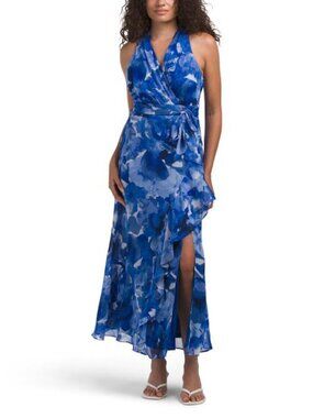 knee length dresses for ladies London Times Women's Halter Neckline Signature Morris Maxi Dress Vacation Occasion Event Guest of main image 1